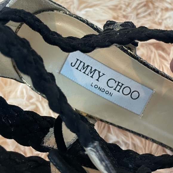 JIMMY CHOO | Black & Gold Snake Skin Print Suede Peep Toe Lace Up Heels | 39.5 9 - Picture 5 of 13
